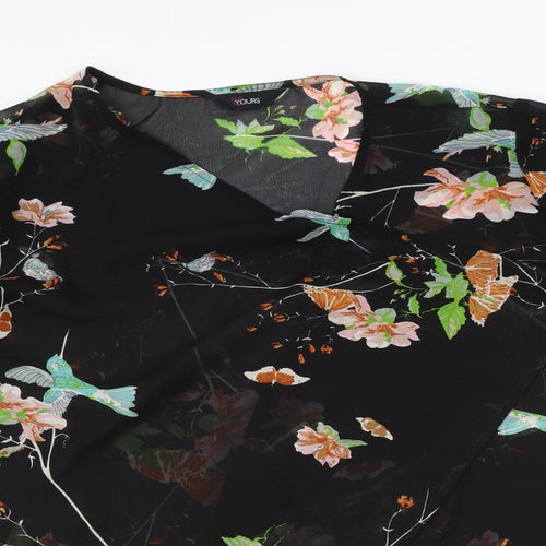 Yours Womens Black Floral Polyester Kimono Blouse Size 16 V-Neck - Size 16-18