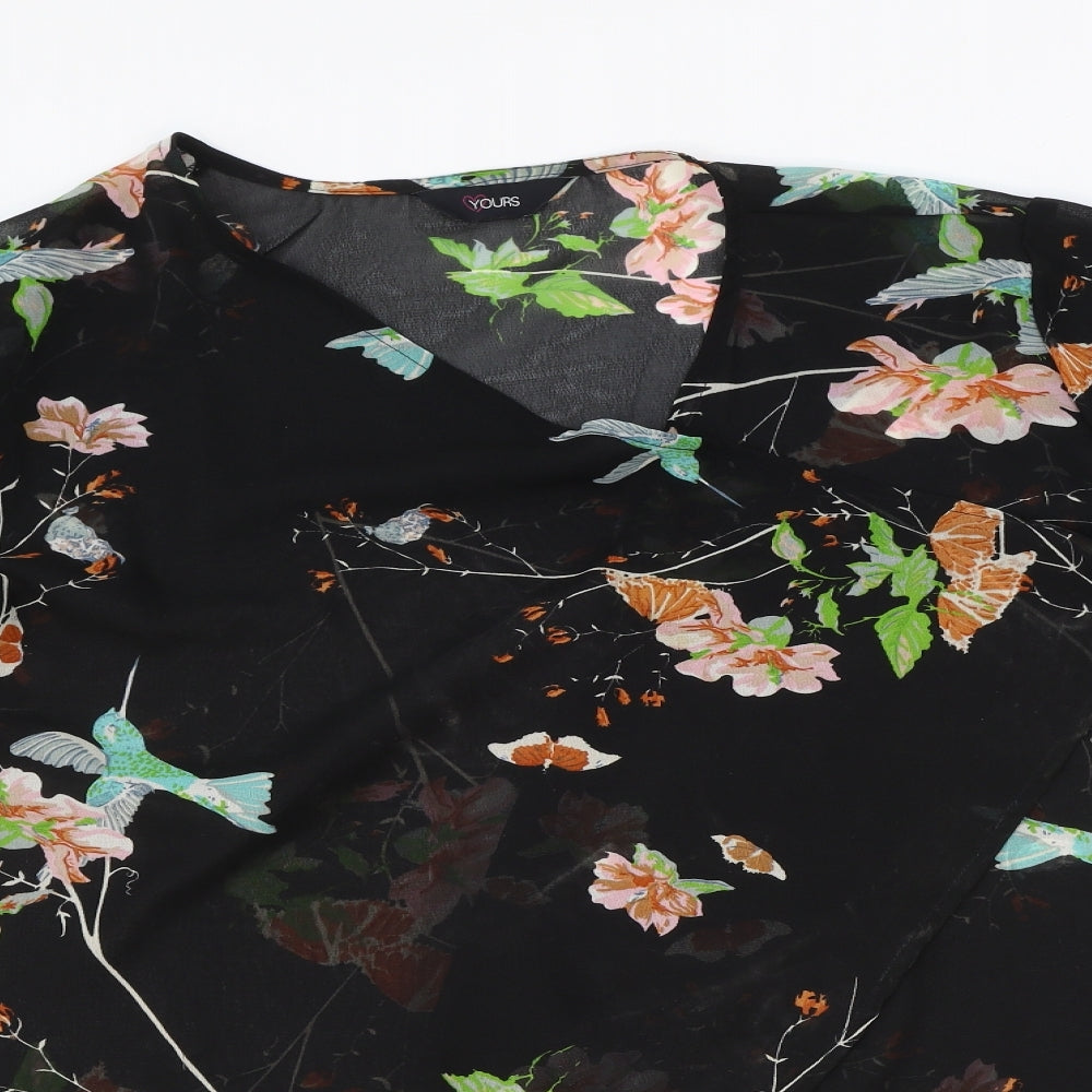 Yours Womens Black Floral Polyester Kimono Blouse Size 16 V-Neck - Size 16-18