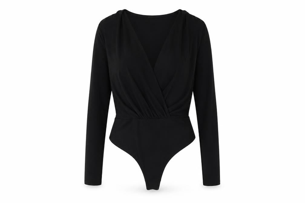 Front view of PRETTYLITTLETHING women’s black polyester bodysuit one-piece, size UK 10, pullover