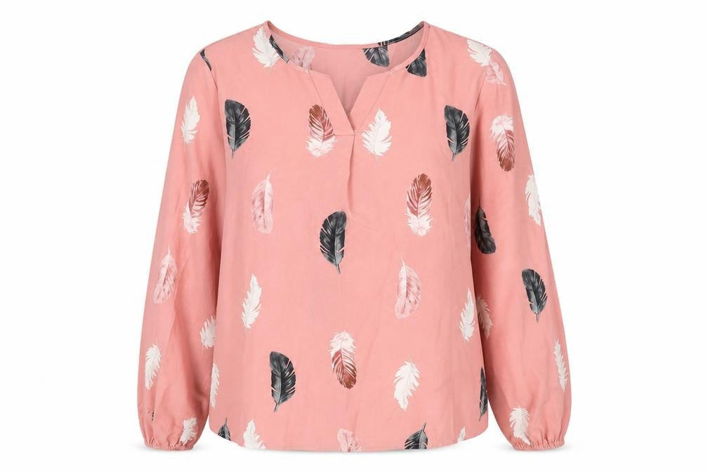 Front view of SHEIN women’s pink geometric polyester basic blouse, size XL, v-neck - feather print
