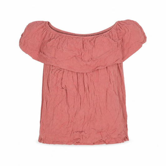 Front view of Garage women’s pink viscose basic blouse, size UK 10, off the shoulder - bardot