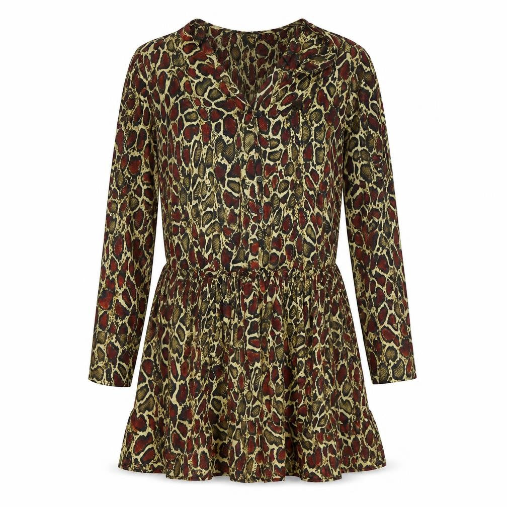 Zara Womens Yellow Animal Print Polyester Fit & Flare Size M V-Neck Button - Snakeskin Pattern