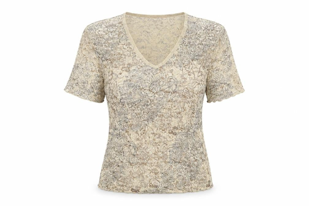 Front view of Bonmarché women’s beige geometric polyester basic t-shirt, size S, v-neck