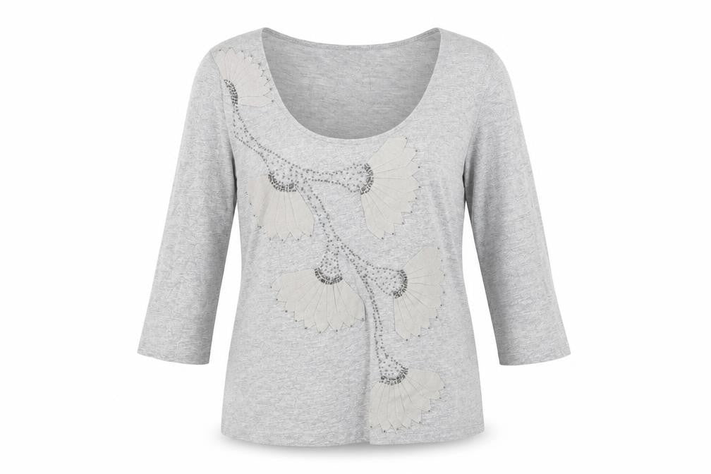 Front view of Per Una women’s grey scoop neck geometric polyester jumper, size UK 12