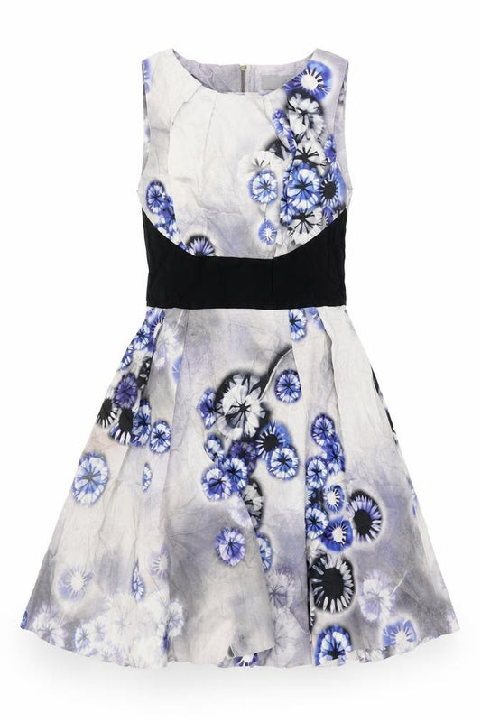 Front view of Almari women’s blue geometric polyester fit & flare, size UK 12, round neck zip