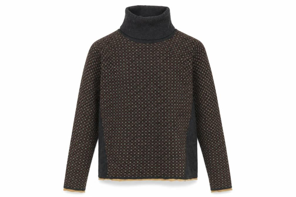 Front view of EKLE women’s grey roll neck geometric viscose jumper, size S