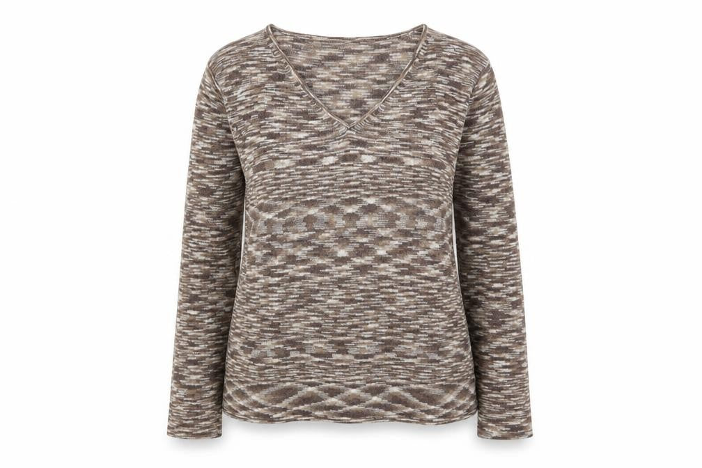 Front view of Principles women’s brown v-neck acrylic jumper, size UK 12