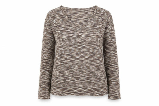 Front view of Principles women’s brown v-neck acrylic jumper, size UK 12