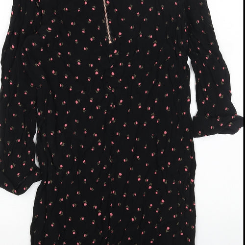 Nine Womens Black Floral Viscose A-Line Size 10 Round Neck Zip