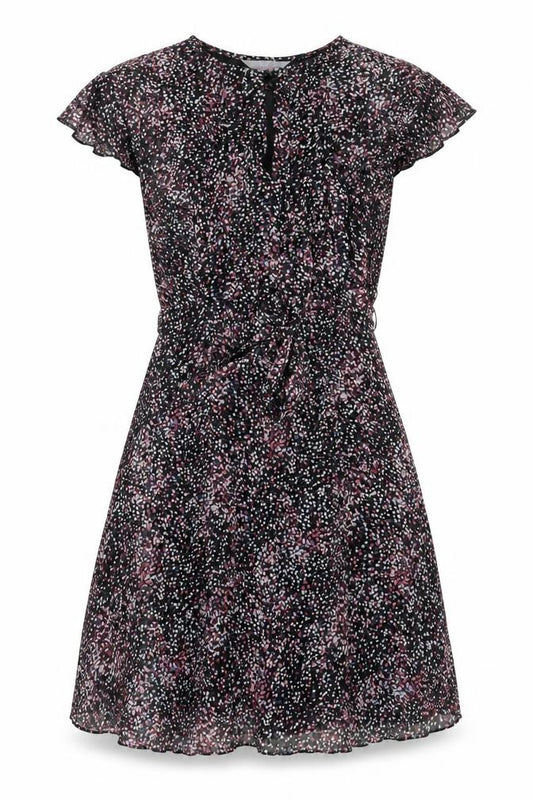 Front view of Dorothy Perkins women’s black geometric polyester a-line, size UK 8, boat neck zip
