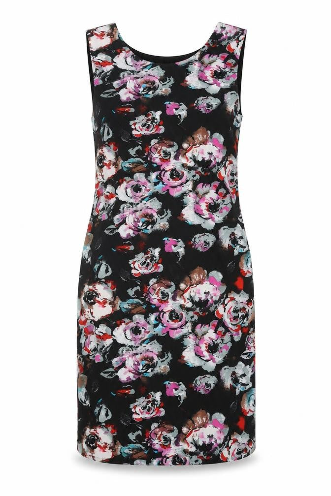 Front view of VENCO women’s black floral polyester shift, size UK 16, scoop neck zip