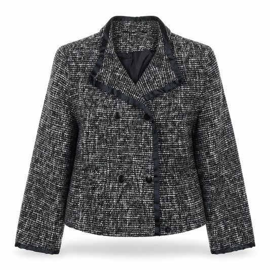 Front view of EWM women’s grey geometric jacket, size UK 16, button