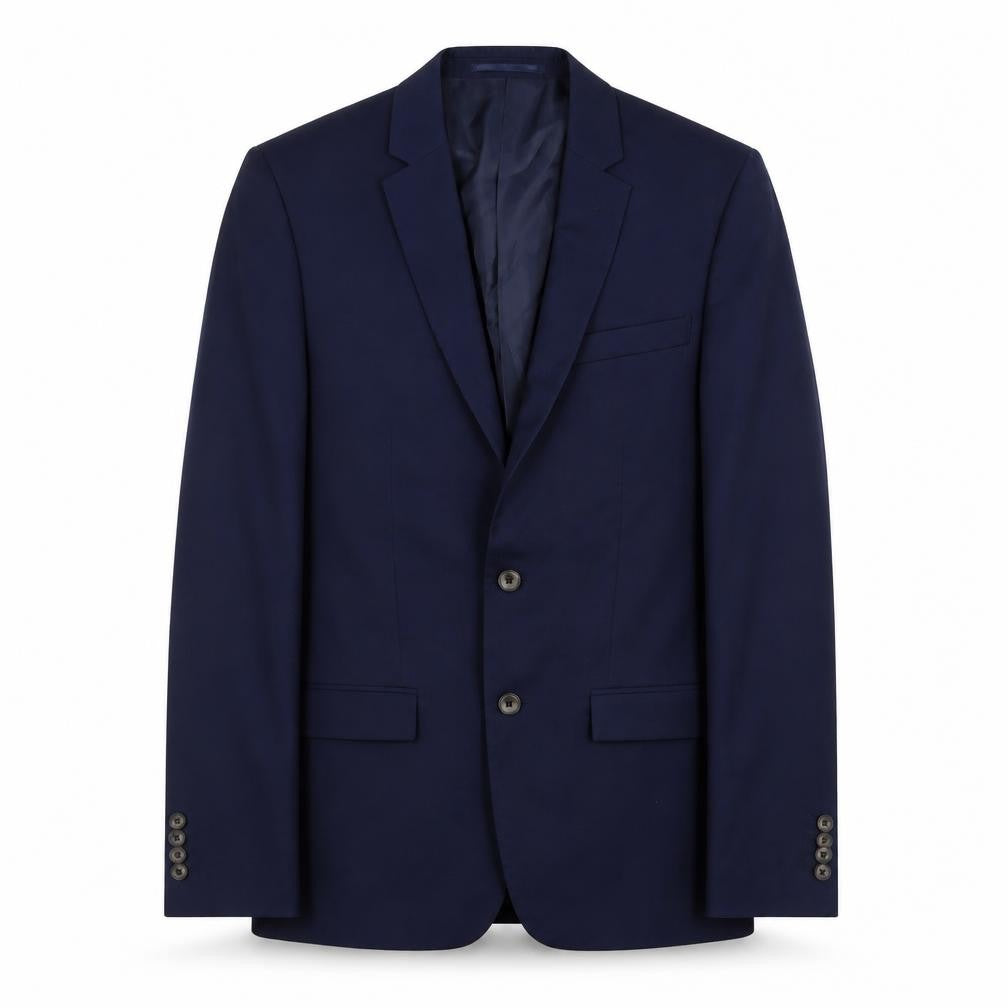 Front view of River Island men’s blue polyester jacket suit jacket, size 38, regular