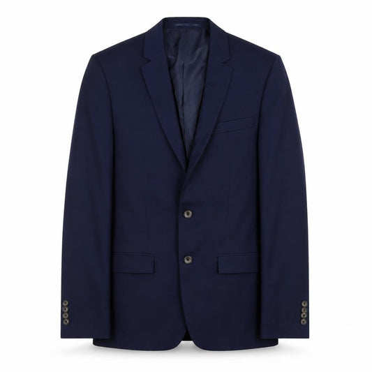 Front view of River Island men’s blue polyester jacket suit jacket, size 38, regular