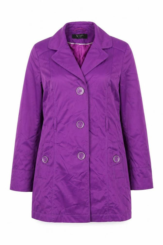 Front view of BHS women’s purple overcoat jacket, size UK 12, button