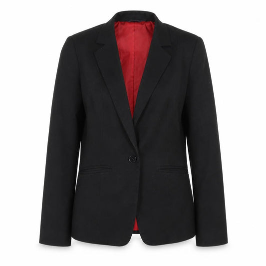 Front view of Stevensons women’s black jacket blazer, size UK 12, button