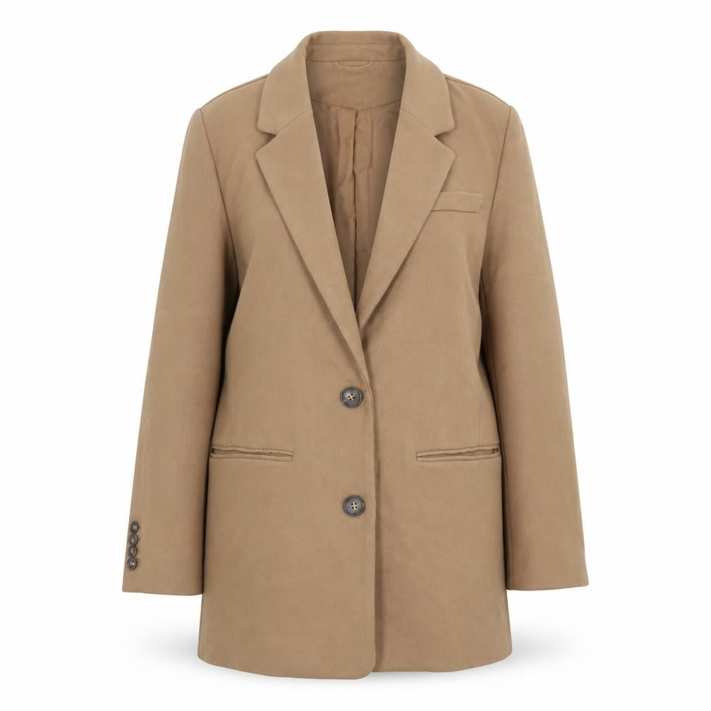 Front view of H&M women’s beige overcoat coat, size S, button