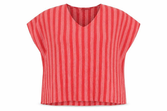 Front view of Zara women’s red striped polyester basic blouse, size M, v-neck