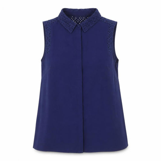 Front view of Dorothy Perkins women’s blue polyester basic button-up, size UK 14, collared - broderie anglaise