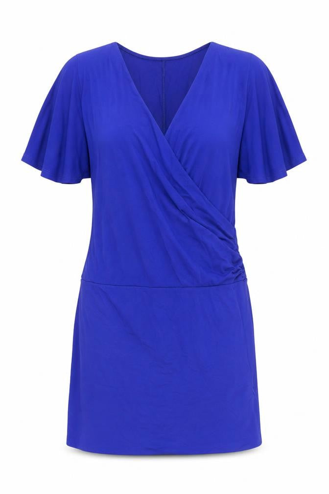 Front view of Definitions women’s blue viscose a-line, size UK 12, v-neck pullover