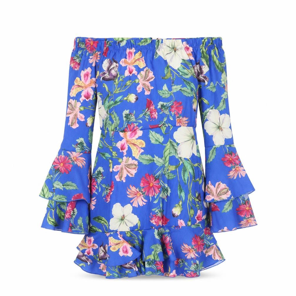 Lustre Womens Blue Floral Polyester Trapeze & Swing Size 6 Off the Shoulder Zip