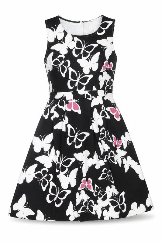 Front view of Body Flirt women’s black geometric polyester fit & flare, size UK 8, round neck zip - butterfly pattern