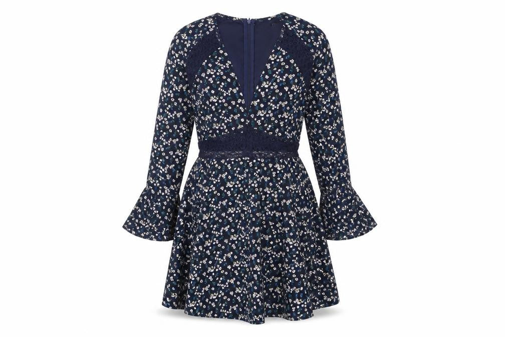 Boohoo Womens Blue Floral Polyester Fit & Flare Size 8 V-Neck Zip