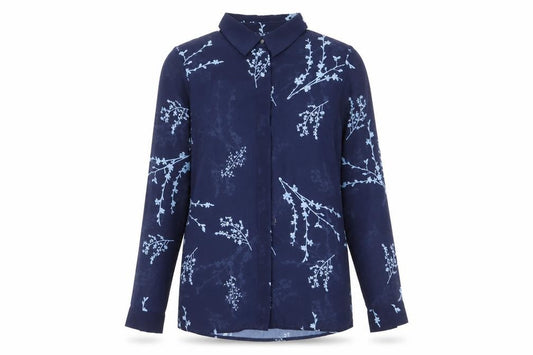Front view of Sonsandar women’s blue floral polyester basic button-up, size UK 8, collared