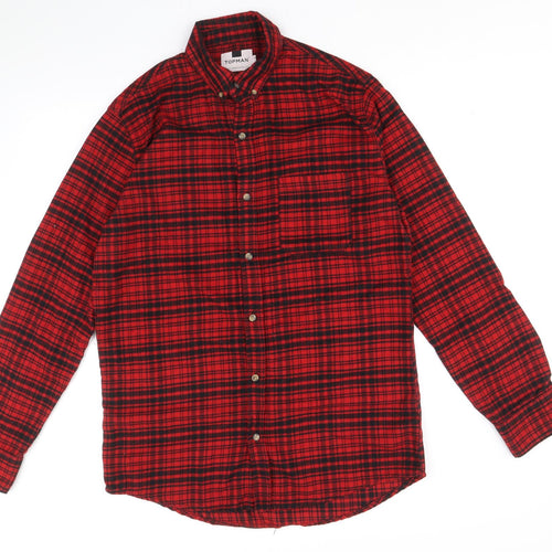 Topman Mens Red Check Polyester Button-Up Size S Collared Button