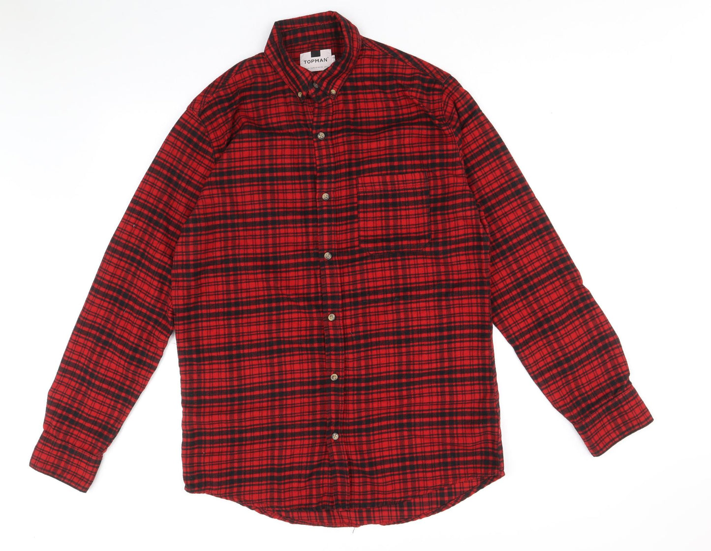 Topman Mens Red Check Polyester Button-Up Size S Collared Button