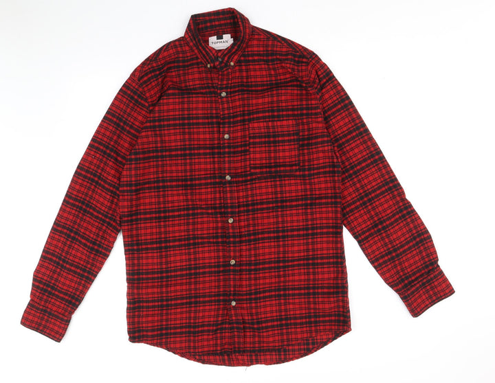 Topman Mens Red Check Polyester Button-Up Size S Collared Button
