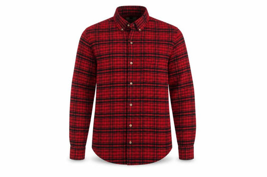 Front view of Topman men’s red check polyester button-up, size S, collared button