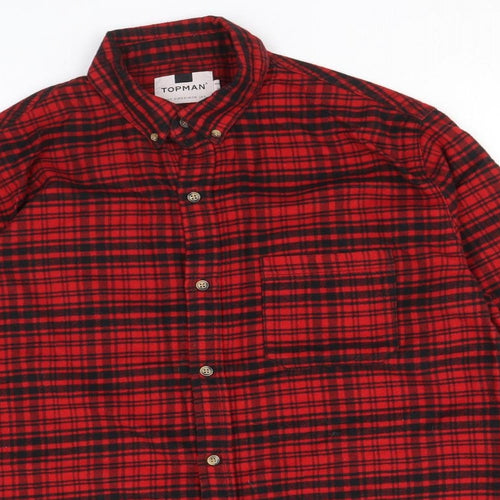 Topman Mens Red Check Polyester Button-Up Size S Collared Button
