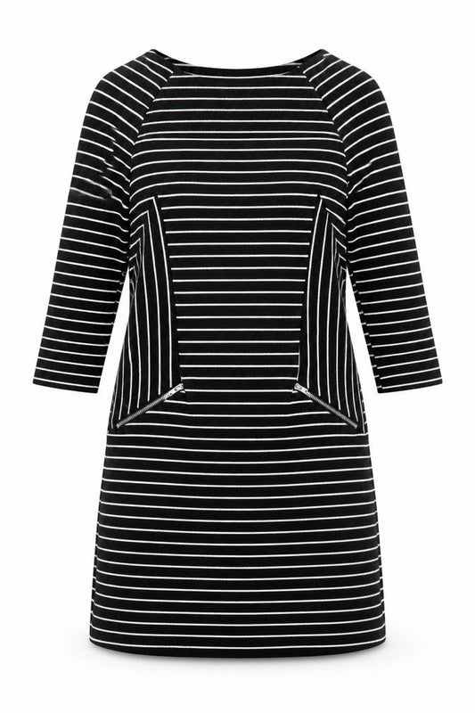 Front view of Warehouse women’s black striped polyester a-line, size UK 10, round neck pullover