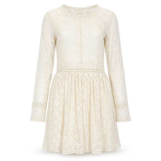 Front view of Zara women’s ivory geometric polyester fit & flare, size S, round neck button