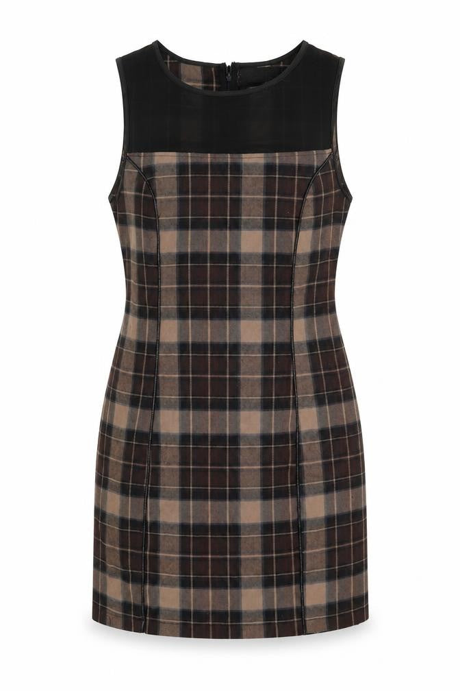 Front view of Parisian women’s beige plaid polyester a-line, size M, round neck
