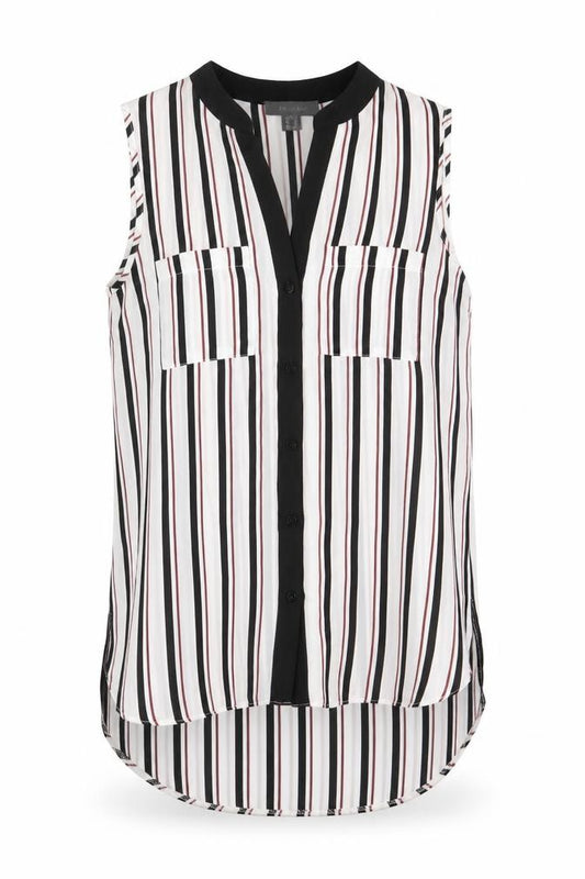 Front view of Primark women’s white striped polyester basic button-up, size UK 8, v-neck