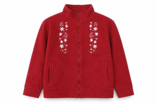 Front view of Anne De Lancay women’s red jacket, size M, zip - flower detail