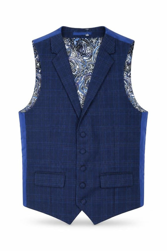 Front view of ONESIX5IVE5ive men’s blue plaid polyester jacket suit waistcoat, size 36, regular