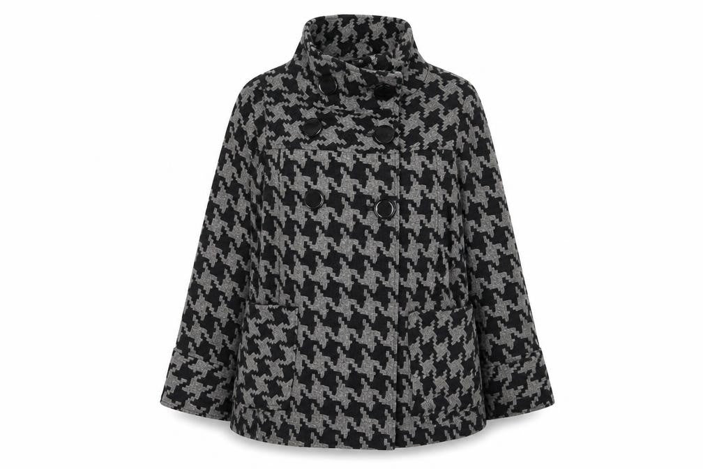 Front view of Atmosphere women’s grey geometric overcoat coatigan, size UK 12, button
