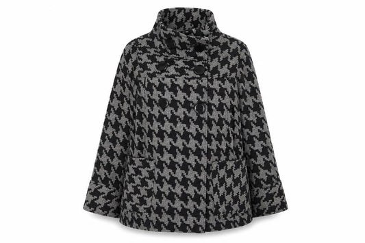 Front view of Atmosphere women’s grey geometric overcoat coatigan, size UK 12, button