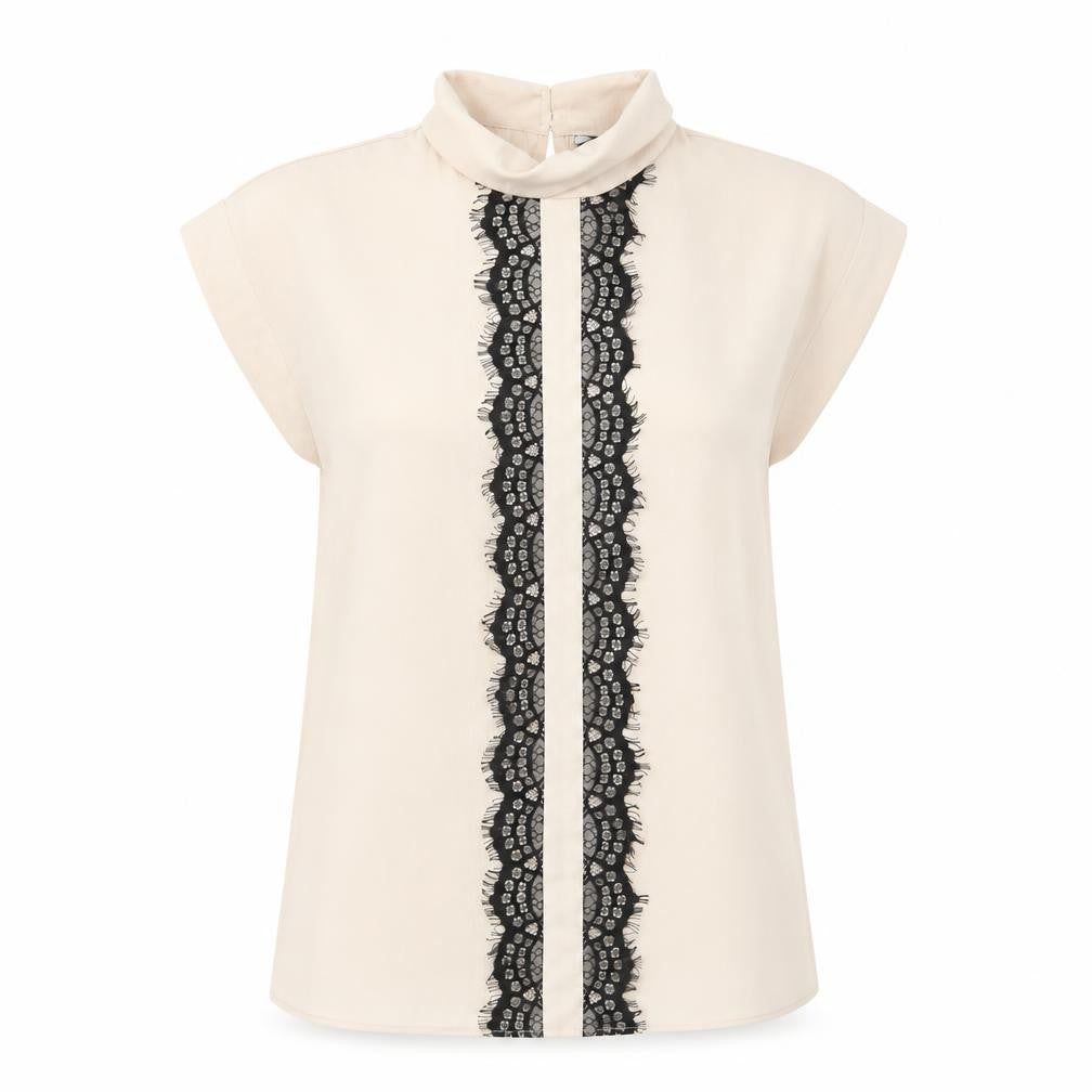 Front view of New Look women’s beige polyester basic blouse, size UK 8, roll neck - lace detail
