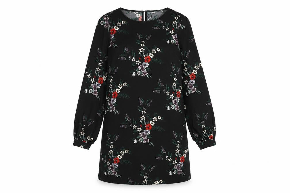 Front view of H&M women’s blue floral polyester a-line, size UK 8, round neck button