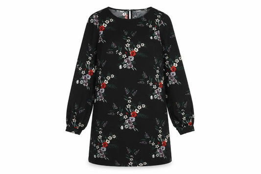 Front view of H&M women’s blue floral polyester a-line, size UK 8, round neck button