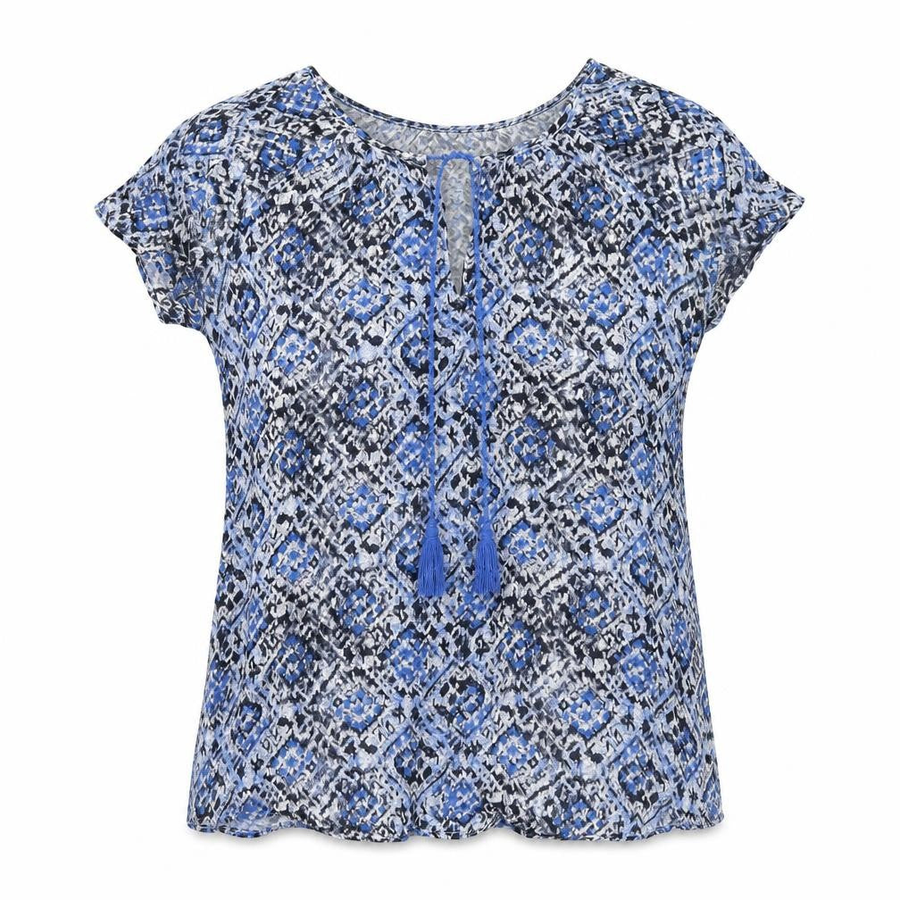 Front view of Gap women’s blue geometric viscose basic t-shirt, size XS, scoop neck