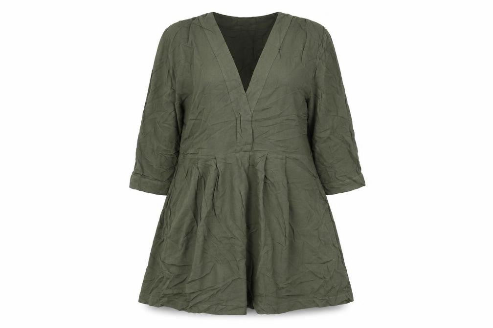 Front view of H&M women’s green viscose fit & flare, size UK 8, v-neck pullover
