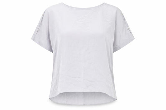 Front view of Dorothy Perkins women’s grey striped polyester basic t-shirt, size UK 20, boat neck - split sleeve pearl detail