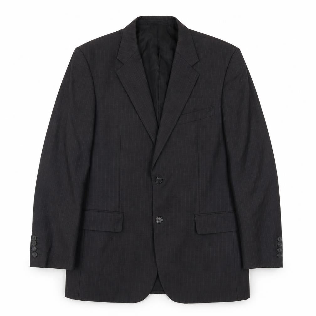 Front view of Scott & Taylor men’s grey striped wool jacket suit jacket, size 38, regular