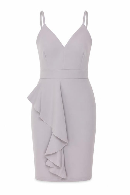 Front view of Boohoo women’s grey polyester bodycon, size UK 10, v-neck pullover