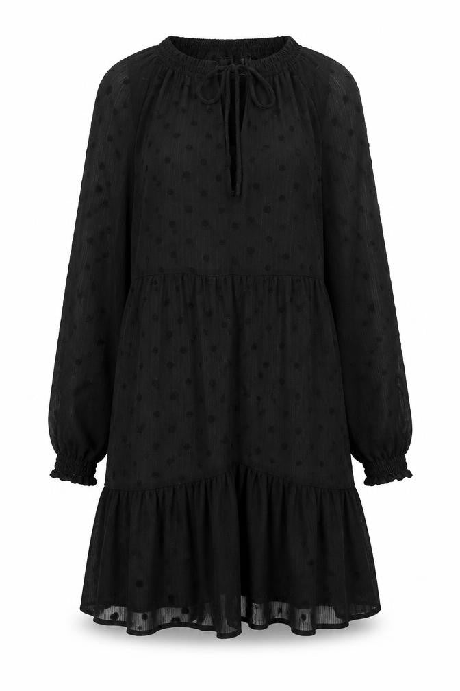 Front view of Stradivarius women’s black polka dot polyester trapeze & swing, size S, v-neck tie